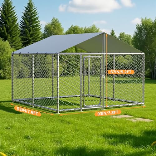 7.8x7.8 FT Extra Large & Heavy Duty Dog Kennel Run - Outdoor Metal Enclosure with Lockable Door and Waterproof Cover for Big Dogs