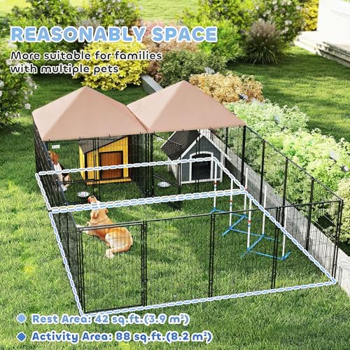 PawHut Dog Kennel Outside with 2 Rooms, Large Outdoor Dog Kennel Run for Large Breeds, Chickens, Ducks, with Rotating and Adjustable Height Bowls, Waterproof UV-Resistant Canopy, 13.5' x 9.5' x 5'