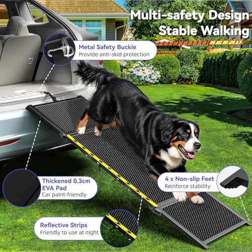 74'' L & 20'' W Longest Dog Ramp for Car - Extra Wide Portable Pet Dog Ramps for Large Dogs, Dogs Cars Ramp for Car SUV/Truck/RV/Bed, Lightweight Ramps with Non-Slip Mesh Up to 250LBS, Black