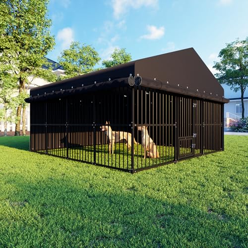 10x10x6 FT Outdoor Dog Kennel with Roof, Heavy Duty Outside Dog Cage for Large Dogs, Metal Pet Enclosure with Triple Safety Locks Dog Fence with Gate
