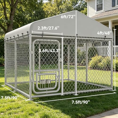 COMHOMA 7.5×7.5FT Dog Kennel Outdoor with Adjustable Bowls Feeder,Large Metal Dog Enclosure with Weather-Resistant Cover,Lockable Gate for Medium Large Dogs (Gunmetal, 7.5x7.5FT (90x90in))