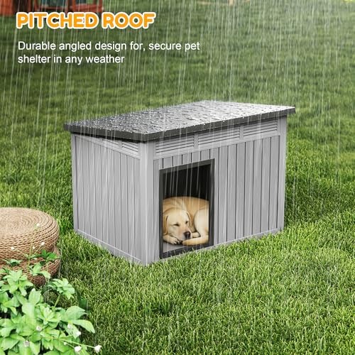 Fancyango Large Dog House for Indoor & Outdoor - Weatherproof & Removable Roof, Fits Small to Large Dogs (42.8" L x 33" W x 31.5" H) - Grey