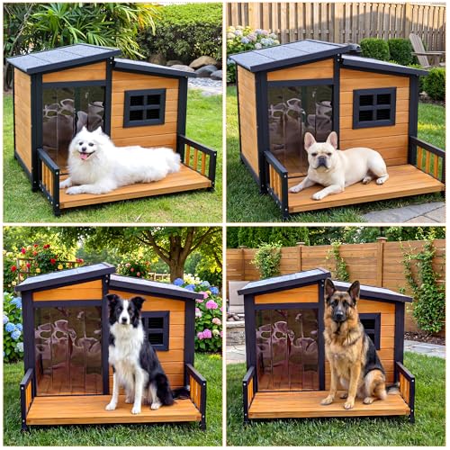 RUNSHED Large Indoor Outdoor Dog House,Wood Insulated Dog House,Weatherproof Outside Shelter with Elevated Floor,Easy to Assemble(39.3" L x 37.5" W x 30" H) Suitable for Small and Medium-Sized Dogs