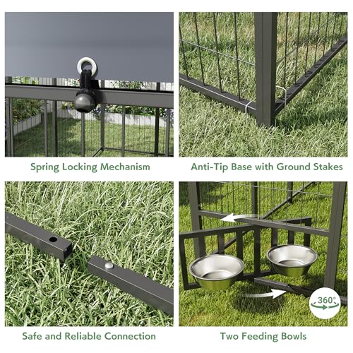 JFHID Outdoor Dog Kennel for Yard, 8x8 Medium Steel Chain Link Fence with Roof, Dog Run Enclosure with Feeding Bowl & Self-Locking Latch