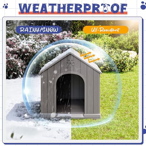 Bifanuo Outdoor Indoor Dog House for Small & Medium Dogs - Weatherproof Shelter with Elevated Floor, Hidden Vents & Tool-Free Assembly (Classic Grey, 26.18" L x 24.03" W x 25.98" H)