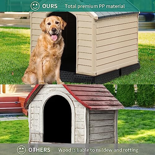 YITAHOME 41'' Large Dog House, Weather Resistant Doghouse for Outdoors Indoors w/Easy Assembly Dog Kennel, Air Vents and Elevated Floor (41''L*38''W*39''H, Gray+Brown)