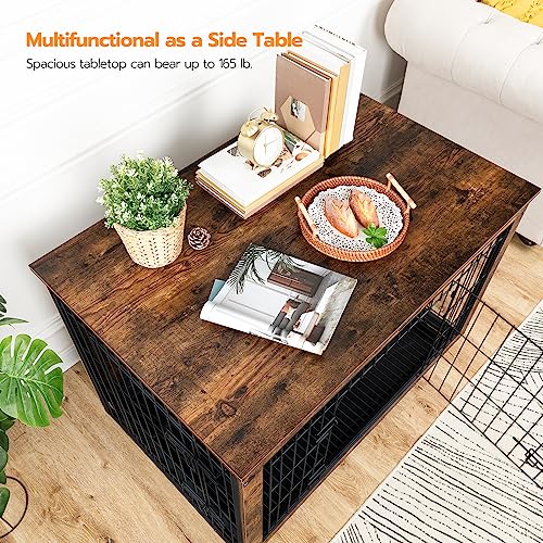 HOOBRO Dog Crate Furniture, 38.6" Large Dog Kennel Indoor, Wooden Cage with Pull-Out Tray, Double Doors Pet House Side End Table for Large/Medium/Small Dogs, Rustic Brown BF982GW03G1
