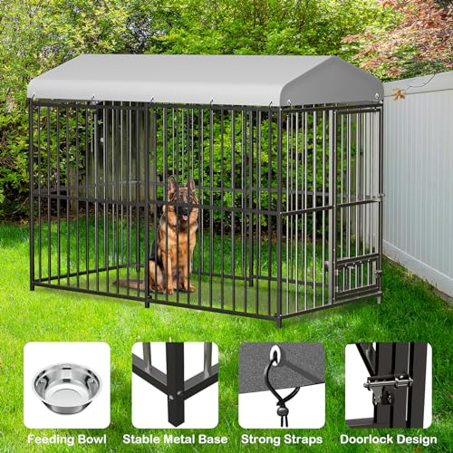 8x4x6FT Large Outdoor Dog Kennel, Heavy Duty Dog Cage with Waterproof Roof & Bowls, Dog Enclosure for Medium & Large Dogs