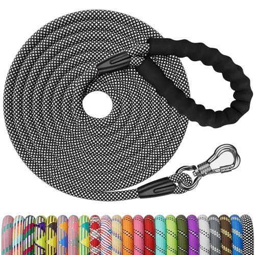 NTR 30FT Puppy Leash, Nylon Rope Long Dog Leash with Swivel Lockable Hook and Comfortable Padded Handle, Dog Line Tether for Small Medium Large Dogs Training, Playing, Camping, or Backyard