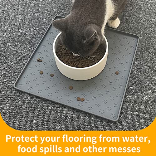 Ptlom Grey Pet Placemat for Dog and Cat, Waterproof Non-Slip Silicone Feeding Bowl Mat Prevent Food and Water Overflow, Puppy Dish Feeder Fountain Trays Suitable for Medium and Small Pets