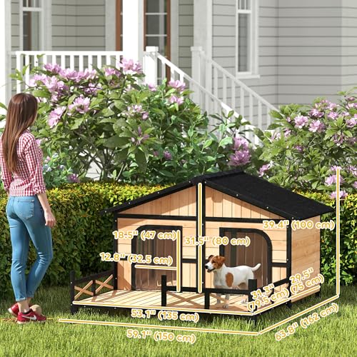 PawHut Dog House Outdoor, Wooden Dog Kennel Weatherproof with Porch, Openable Roof, Removable Bottom, Elevated Floor, Double Room for 2 Small to Medium Breeds, Natural