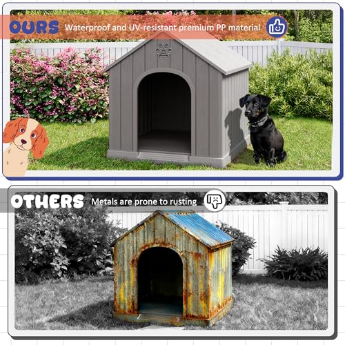 Bifanuo Outdoor Indoor Dog House for Small & Medium Dogs - Weatherproof Shelter with Elevated Floor, Hidden Vents & Tool-Free Assembly (Classic Grey, 26.18" L x 24.03" W x 25.98" H)