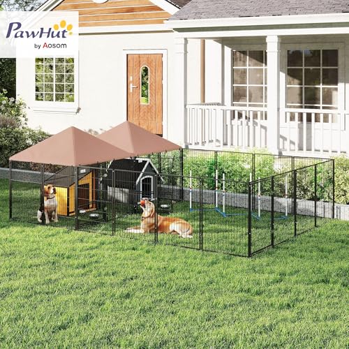 PawHut Dog Kennel Outside with 2 Rooms, Large Outdoor Dog Kennel Run for Large Breeds, Chickens, Ducks, with Rotating and Adjustable Height Bowls, Waterproof UV-Resistant Canopy, 13.5' x 9.5' x 5'