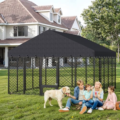 10x10x6.4 FT Large Outdoor Dog Kennel with Roof, Heavy Duty Anti-Rust Metal Dog Enclosure Fence for All Weather Resistant, Secure Double Locks for Large Dogs Outsides