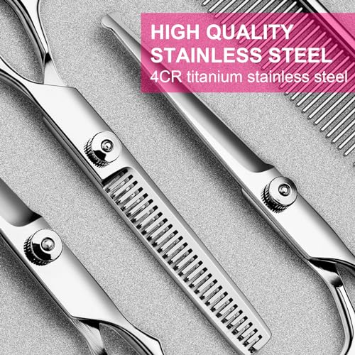 TINMARDA Dog Grooming Kit, Professional Stainless Steel Dog Grooming Scissors with Curved Shears, Pink Finger Rings - 4 Piece Sharp Durable Pet Shears for Dogs Cats At Home Salon-Quality Grooming