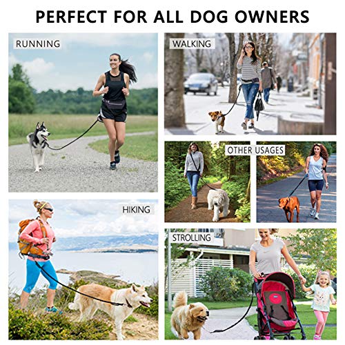 Hands Free Dog Leash, Waist Running Leash with Zipper, Walking Pouch for Medium Large Dogs, Dual Handle and Retractable Bungee for Training Jogging Hiking