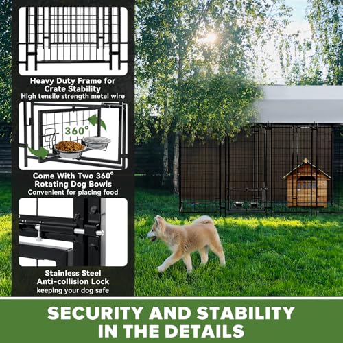 Oranland 8x4x6FT Outdoor Dog Kennel, Heavy Duty Welded Wire Steel Dog Kennel for Large Dogs with Secure Lock, Upgraded Heat Dissipation & Reflective Silver Waterproof Roof with 2 Rotating Dog Bowls