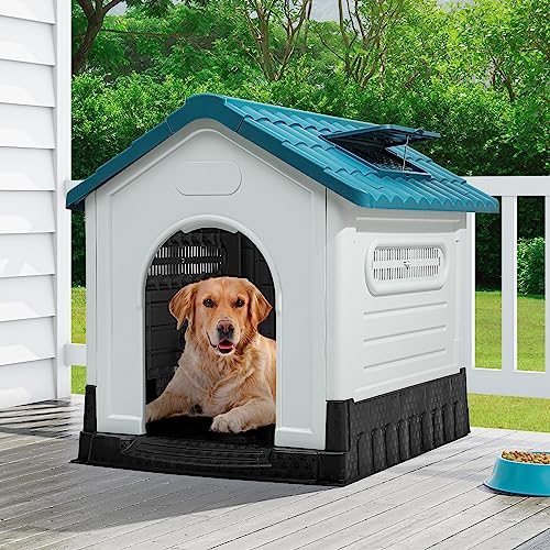 YITAHOME 41.3'' Folding Large Dog House, Weather Resistant Doghouse with Adjustable Skylight and Elevated Base, Outdoor Indoor Pet House for Small to Large Dogs (41.3''L*34.6''W*39''H)