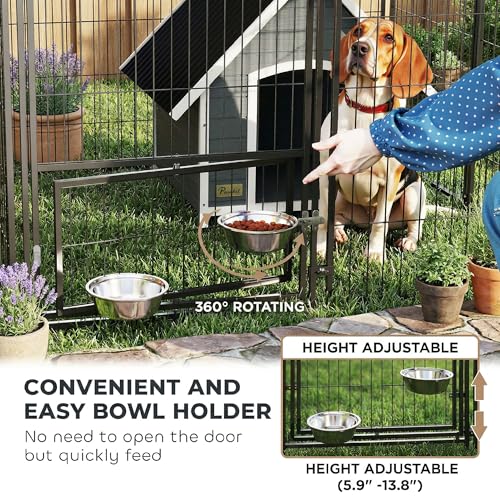 PawHut Dog Kennel Outside with 2 Rooms, Large Outdoor Dog Kennel Run for Large Breeds, Chickens, Ducks, with Rotating and Adjustable Height Bowls, Waterproof UV-Resistant Canopy, 13.5' x 9.5' x 5'