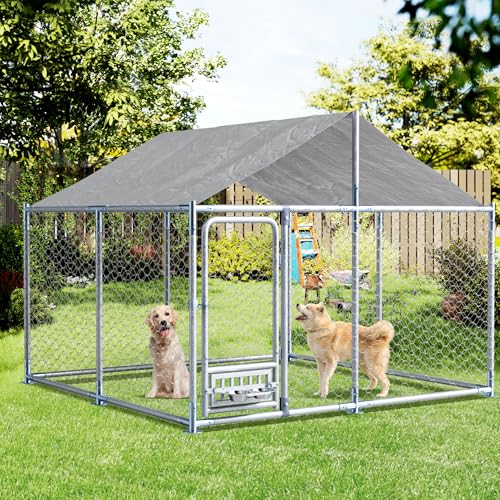 Grepatio 7.5x7.5 FT Outdoor Dog Kennel with Roof, Outside Dog Enclosure with 2 Rotating Feeder Bowls, Dog Kennel Dog Playpen Fence for Large Dogs with Secure Lock (7.5x7.5 FT)