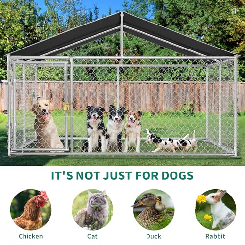 YITAHOME 10'x10' Outdoor Dog Enclosure with Metal Dog Gate, Dog Kennel Outside with Roof, Dog Fence Outdoor for Yard