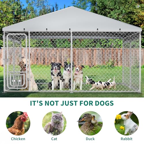 DWVO 10'x10' Dog Kennel Outdoor with Rotating Feeder Bowls, Outdoor Dog Pens with Roof, Heavy Duty Dog House for Medium Large Dogs