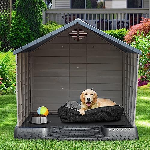 YITAHOME 41'' Large Dog House, Weather Resistant Doghouse for Outdoors Indoors w/Easy Assembly Dog Kennel, Air Vents and Elevated Floor (41''L*38''W*39''H, Gray+Brown)