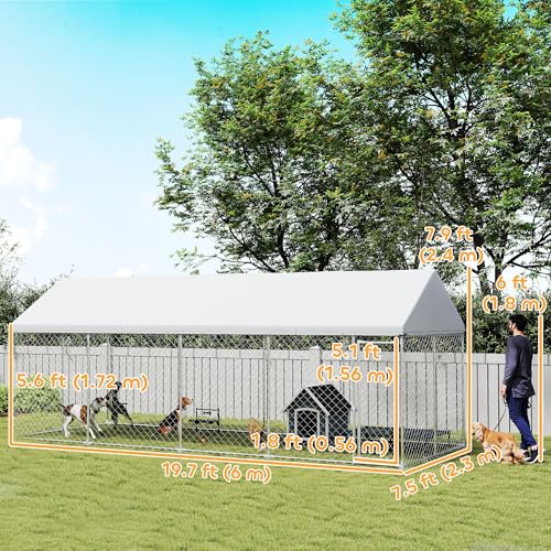 PawHut Outdoor Dog Kennel, 20' x 7.5' x 8', Heavy Duty Large Dog Kennel Outside w/Waterproof Roof, Galvanized Chain Link Pet Enclosure w/Secure Lock, for Large Breed, Chicken, Duck