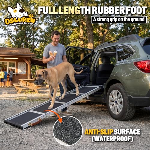 71" Aluminum Alloy Dog Ramp for Car SUV Truck Side Door, Foldable Outdoor Pet Ramp with Adjustable Support Head, Non-Slip Traction Surface, Sturdy Ramp for Large Dogs Up to 200 LBS (5 Folded)