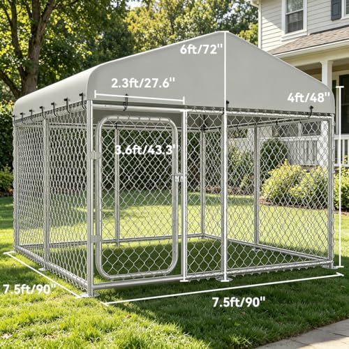 COMHOMA Dog Kennel Outdoor with Roof,Large Metal Dog Enclosure with Weather-Resistant Cover,Lockable Gate for Medium Large Dogs (Silver, 7.5x7.5FT (90in))