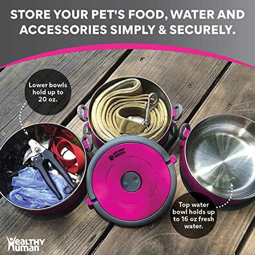 Healthy Human Travel Pet Bento Bowls - Leak Proof, Human-Grade Stainless Steel & BPA-Free, 3-Pack Water & Food Container Set, Clips & Handle (Pink)