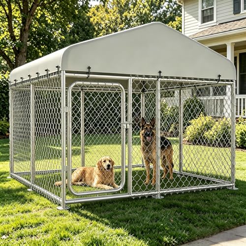 COMHOMA Dog Kennel Outdoor with Roof,Large Metal Dog Enclosure with Weather-Resistant Cover,Lockable Gate for Medium Large Dogs (Silver, 7.5x7.5FT (90in))