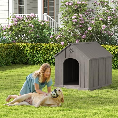 Fancyango Large Dog House Outdoor Indoor for Medium Large Dogs, Sturdy Plastic Waterproof Doghouse with Air Vents and Elevated Floor, Easy Clean and Assemble (Grey, 36.2''L×38''W×38''H)