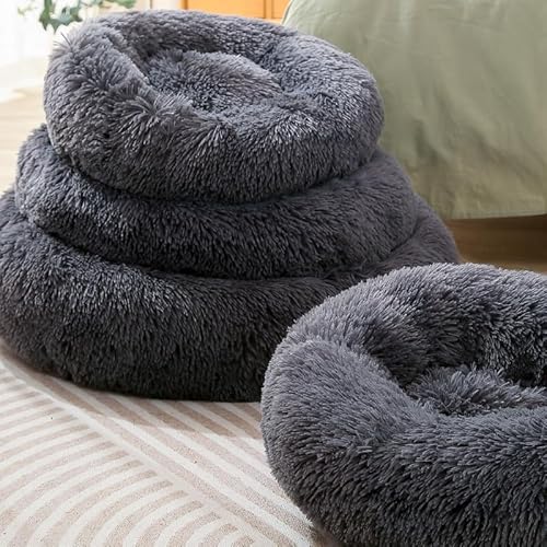 Fhodigogo Donut Dog Bed Cat Bed Fluffy Calming Pet Bed Dog Round Bed Cat Round Bed Warm Kitten Nest Ideal for 3Kg Pet, Small, Dark Dray