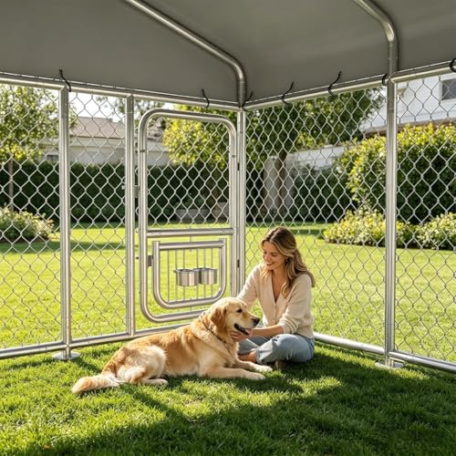 COMHOMA 7.5×7.5FT Dog Kennel Outdoor with Adjustable Bowls Feeder,Large Metal Dog Enclosure with Weather-Resistant Cover,Lockable Gate for Medium Large Dogs (Gunmetal, 7.5x7.5FT (90x90in))