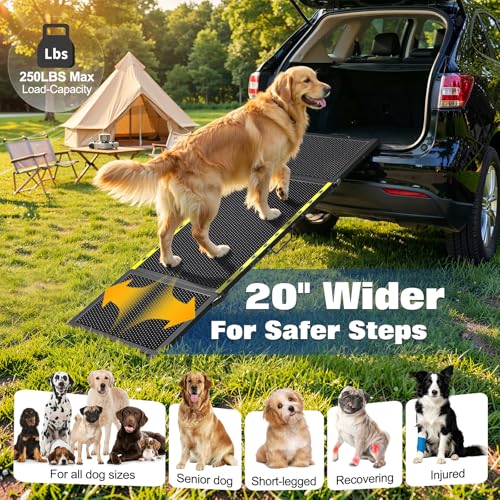 74" L x 20" W Extra Long Dog Ramp for Car - Wider Portable Pet Ramp for Large Dogs, Foldable Dog Car Ramps for Truck, SUV, RV & Bed, Outdoor Dogs Ramps with Non-Slip Mesh Supports Up to 250LBS, Black