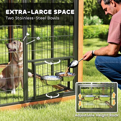 PawHut 7' x 6' Extra Large Outdoor Dog Kennel, Walk-in Wood Dog House with Internal Storage Cabinet, Pet Shelter with Waterproof Roof, Stainless Steel Bowls, Feeding Door for Large Breeds, Yellow