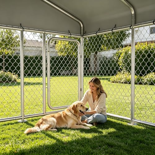 COMHOMA Dog Kennel Outdoor with Roof,Large Metal Dog Enclosure with Weather-Resistant Cover,Lockable Gate for Medium Large Dogs (Silver, 7.5x7.5FT (90in))