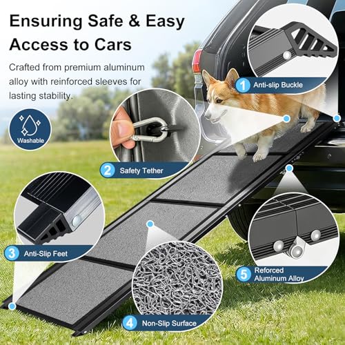 Dog Ramp for Cars 71"Long x 20"Wide SUV & Trucks, Non-Slip Surface Aluminum Pet Ramps for Small & Large Dogs–Heavy Duty Foldable Lightweight Portable Ramp for Senior Dogs High Bed Couch Outdoor 250lbs