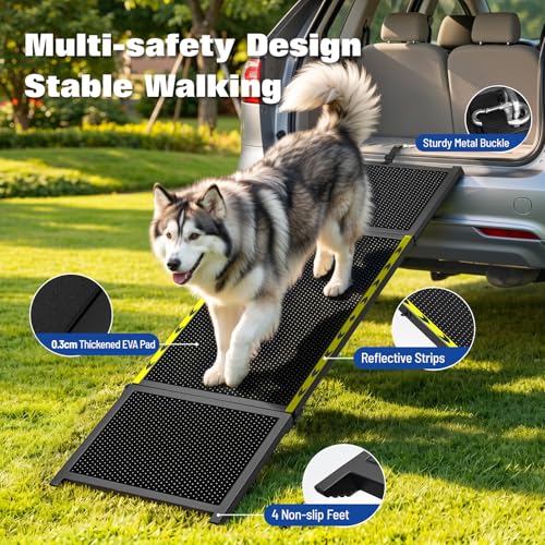 74" L x 20" W Extra Long Dog Ramp for Car - Wider Portable Pet Ramp for Large Dogs, Foldable Dog Car Ramps for Truck, SUV, RV & Bed, Outdoor Dogs Ramps with Non-Slip Mesh Supports Up to 250LBS, Black