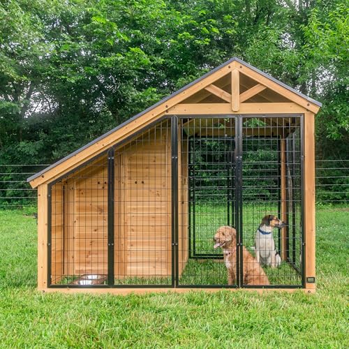 Backyard Discovery 7' x 5' Waggin' Retreat Cedar Wood Large Dog Kennel with Galvanized Steel Roof, Feeding Door, Doghouse Back Door, Water and Food Tray, Secure Lock Gate for Safe Outdoor Pet Shelter