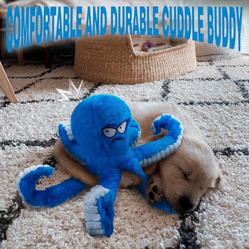 LEGEND SANDY Tough Dog Toys, Stuffed Chew Large Dog Toys to Keep Them Busy, Interactive Squeaky Tug of War Doggie Toy, Crinkle Blue Octopus