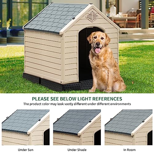 YITAHOME 41'' Large Dog House, Weather Resistant Doghouse for Outdoors Indoors w/Easy Assembly Dog Kennel, Air Vents and Elevated Floor (41''L*38''W*39''H, Gray+Brown)