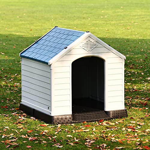 Elevon Plastic Dog House, Insulated Doghouse Puppy Shelter, Water Resistant Easy Assembly Sturdy Dog Kennel with Elevated Floor and Air Vents, Ventilate for Small to Large Sized Dogs (29-Inch, Blue)
