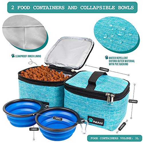PetAmi Dog Travel Bag, Travel Pet Bag Organizer, Dog Food Travel Bag with Container Collapsible Bowls, Pet Travel Supplies Gift Accessories for Weekend Camping, Puppy Cat Diaper Bag, Teal Blue Medium