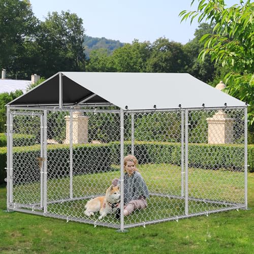 YITAHOME Outdoor Dog Enclosure with Metal Dog Gate, 7.5'x7.5' Dog Kennel Outside with Roof, Dog Fence Outdoor for Yard