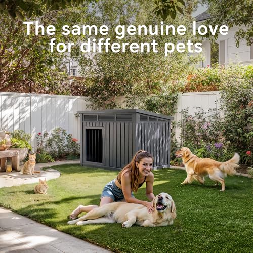 VIXZEN Dog House Outdoor, Indoor Dog House Medium Size Dog with Weatherproof PP Resin Material, Doghouse Outdoor with Openable Roof for Easy Cleaning, Sloped Roof, Air Vents, Easy Assembly (Gray)