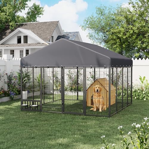 JFHID Outdoor Dog Kennel for Yard, 8x8 Medium Steel Chain Link Fence with Roof, Dog Run Enclosure with Feeding Bowl & Self-Locking Latch