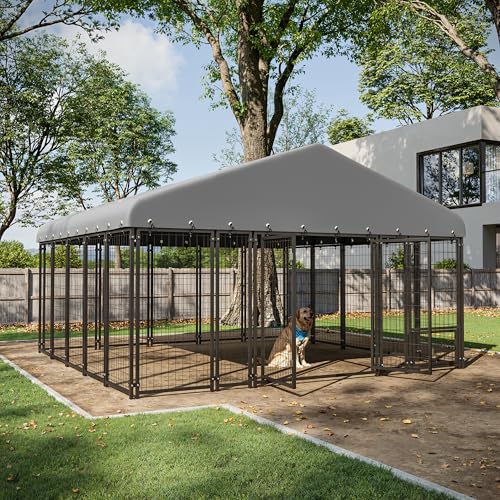 Muphyers 10X10FT Large Dog Kennel Outdoor Dog Enclosure Outside, Double Door Heavy Duty Galvanized Steel Dog Crate Durable Dog Cage with Roof & Double Lock