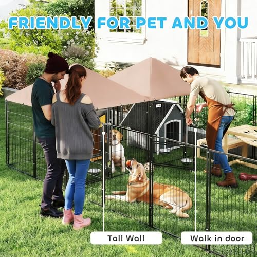 PawHut Dog Kennel Outside with 2 Rooms, Large Outdoor Dog Kennel Run for Large Breeds, Chickens, Ducks, with Rotating and Adjustable Height Bowls, Waterproof UV-Resistant Canopy, 13.5' x 9.5' x 5'